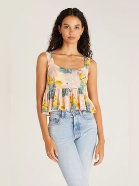 Z Supply Rio Palm Crop Tank Lemon Zest Floral Peplum Top Size S